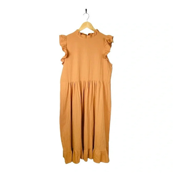 Smock Dress‎ Mock Neck Ruffle Trim Camel Flounce Cap Sleeve Women Size Large - Picture 3 of 10